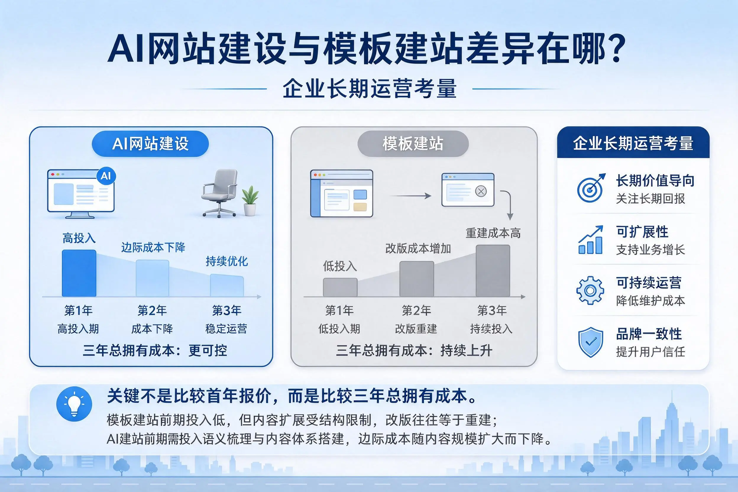 AI网站建设与模板建站差异在哪?辽阳企业长期运营考量
